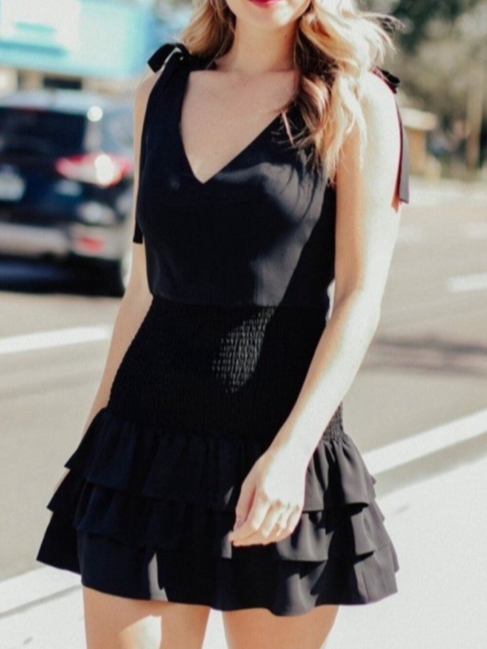 Amanda Uprichard Zita Ruffle Mini Dress Size Small V-Neck Tie Straps Black - Picture 6 of 8